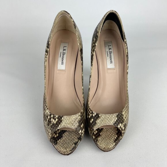 LK Bennett Womens Snake Embossed Peep Toe Pumps Brown Leather Heels size 36 US 6 - Picture 2 of 16